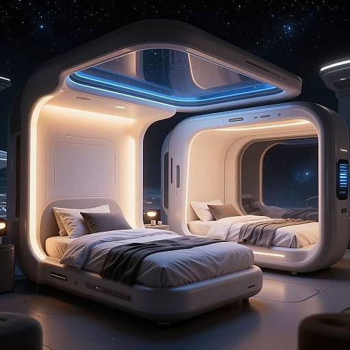 Photorealistic CGI of a futuristic, space-enclosed double bed with illuminated white frames, blue ceiling lights, and starry night view through large