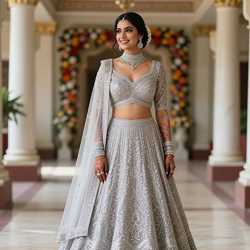 Photograph of an Indian bride in a silver embellished lehenga and crop top with a sheer dupatta, standing in a decorated hall.