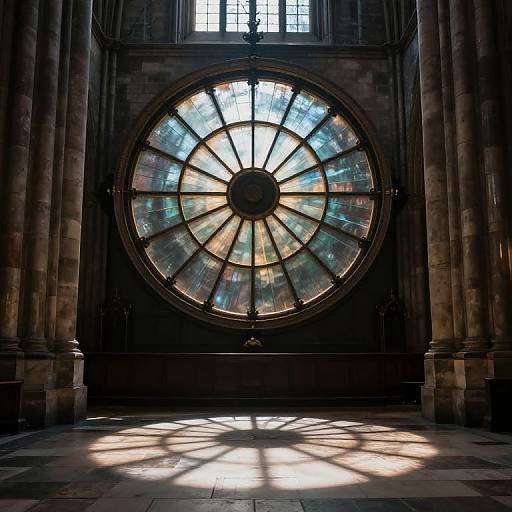 Photograph of a large, circular stained-glass window in a dark, stone-walled cathedral, casting intricate shadows on the floor.