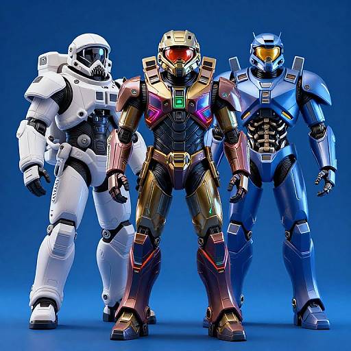 Photorealistic CGI of three futuristic mecha robots in white, gold, and blue armor, standing against a gradient blue background.