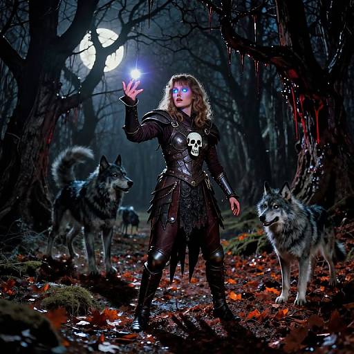 Photograph of a glowing blue-eyed witch with curly hair, black armor, skull emblem, holding a glowing orb, surrounded by four wolves in a dark