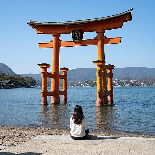 Photograph of a woman with long black hair, seated on a beach, facing an orange torii gate in a calm, blue lake, with mountains