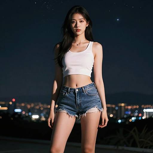 Photograph of an Asian woman with long black hair, wearing a white crop top and frayed denim shorts, standing at night with city lights and stars