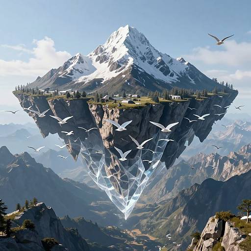 Fantastical digital art of a floating mountain island with snow-capped peak, birds flying, and a small village, set against a majestic mountain range