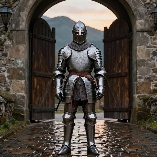 Photorealistic digital artwork of a silver-armored knight standing in a wet, cobblestone gateway with wooden doors and stone archway.