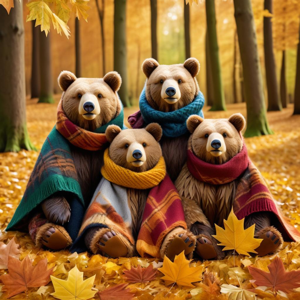 Charming Family of Bears in Fall Foliage