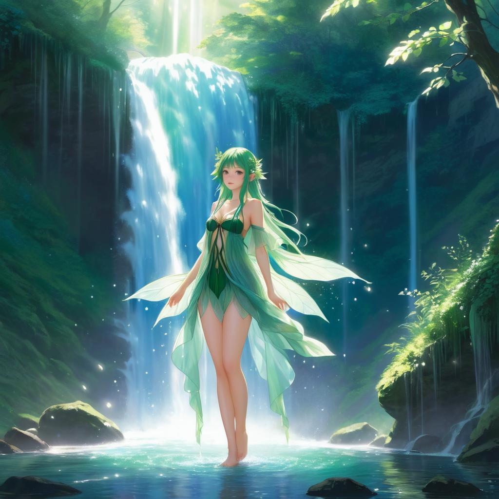 Romantic Fairy Under Waterfall in Ecchi Art