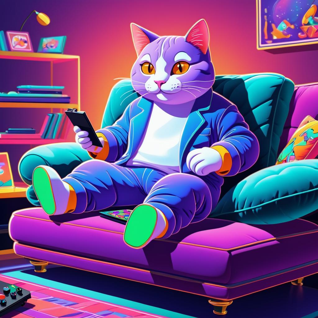 Playful Cat Gaming on Velvet Couch