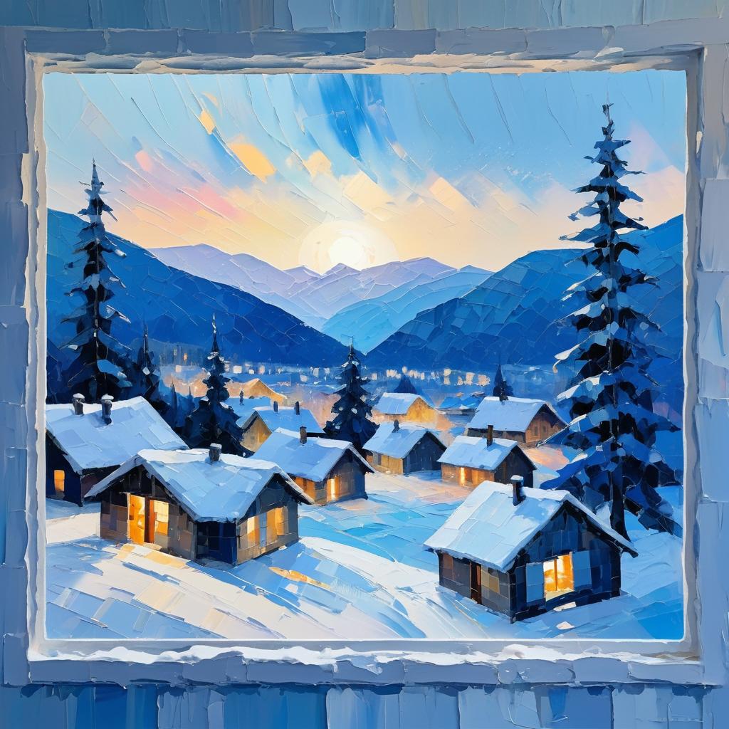 Twilight Snowy Village Through Cabin Window