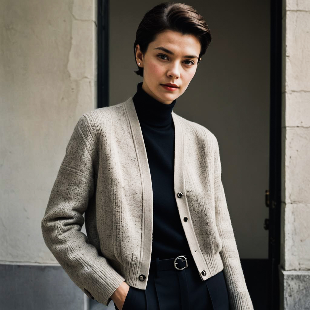 Chic Brunette in Stylish Cardigan Shoot