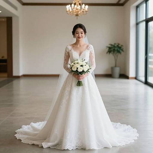 Photograph of an Asian bride in a white lace wedding dress with long sleeves, holding a white and green bouquet, standing in a bright, modern,