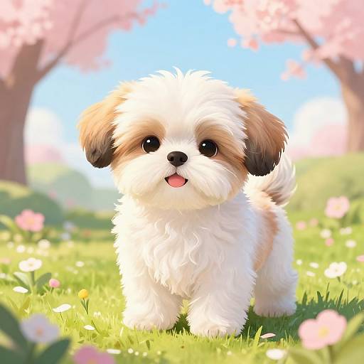 Adorable, fluffy, brown-and-white puppy with dark ears, standing on green grass, surrounded by pink cherry blossoms and a bright blue sky.