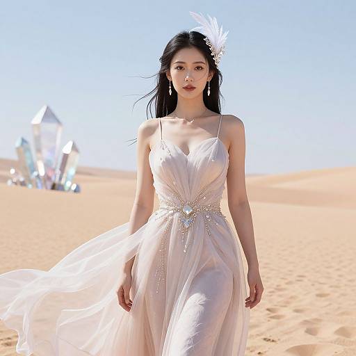 Photograph of an East Asian woman with long black hair in a flowing white, sleeveless dress with a sparkling belt, standing in a sunny desert with