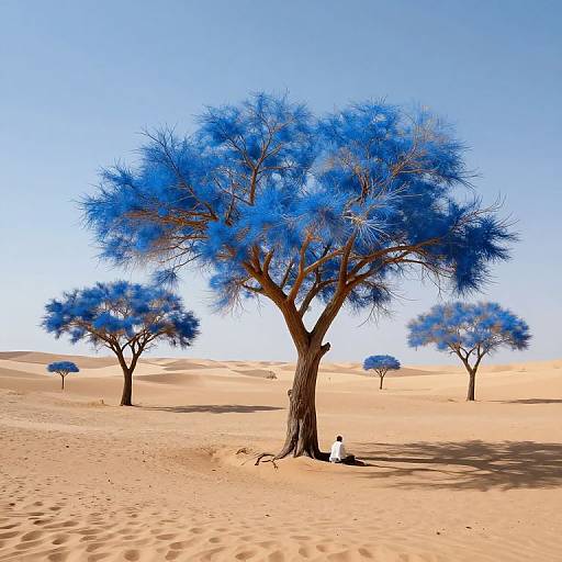 Photograph of a desert with vibrant blue acacia trees, a white and black dune buggy parked under a central tree, and clear blue sky.