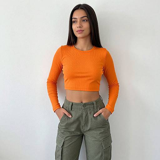 Photograph of a young woman with straight black hair, wearing an orange ribbed crop top and olive green cargo pants, standing against a plain white background