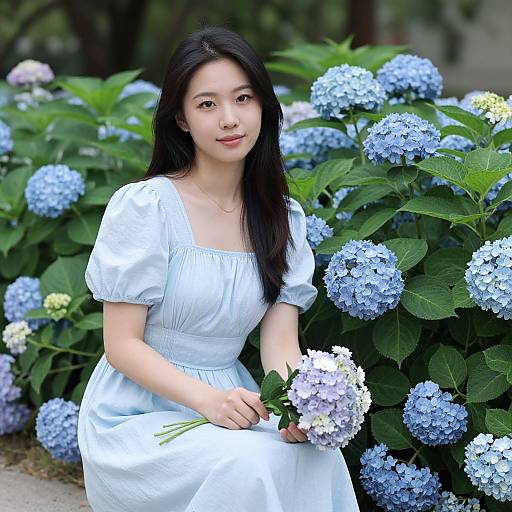 Photograph of an East Asian woman with long black hair, wearing a white puffed-sleeve dress, holding a bouquet, amidst vibrant blue hydr