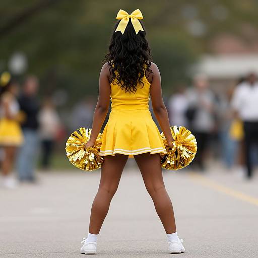Photograph of a black female cheerleader in a yellow dress, holding gold pom-poms, with a yellow bow in her curly hair, standing on
