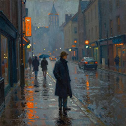 Impressionist Rainy City Street at Night