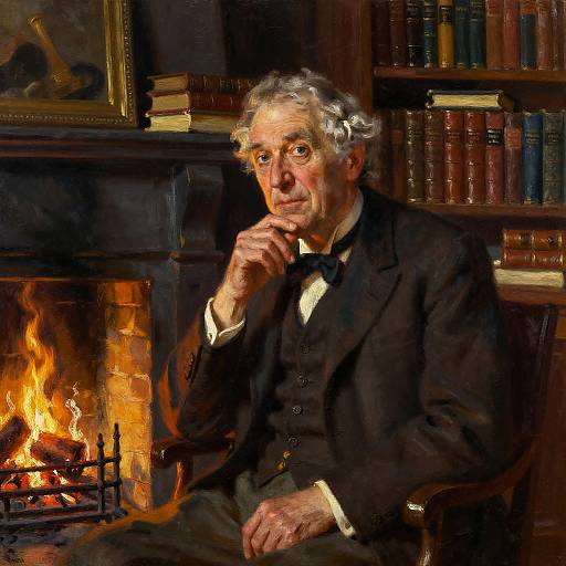 Photorealistic painting of an elderly man with gray hair, in a black suit, sitting by a roaring fireplace, surrounded by bookshelves.