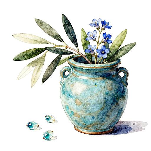 Watercolor Still Life of Turquoise Vase with Olive Leaves and Blue Flowers