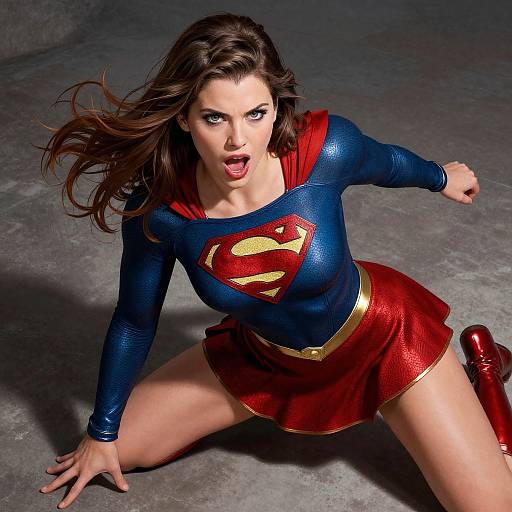 Photograph of a fierce, brunette woman in a blue, red, and gold Supergirl costume, kneeling with legs apart, mouth open, against