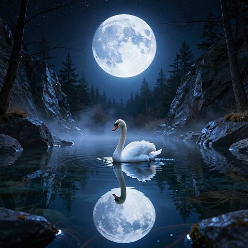 Photograph of a white swan with a red beak, floating on a reflective moonlit lake, surrounded by dark trees and illuminated by a large