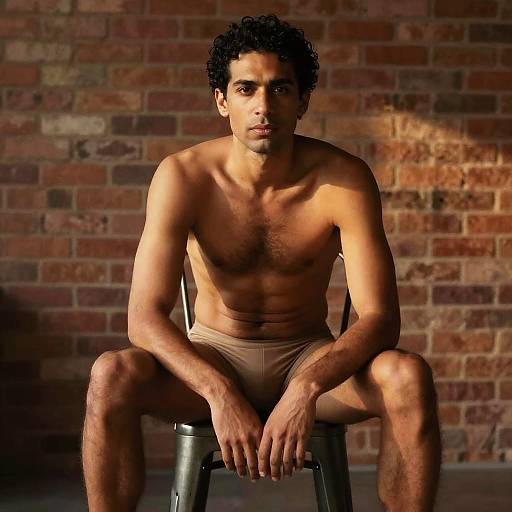 Photograph of a muscular, shirtless man with curly black hair, tan skin, and brown underwear, sitting on a stool against a brick wall,