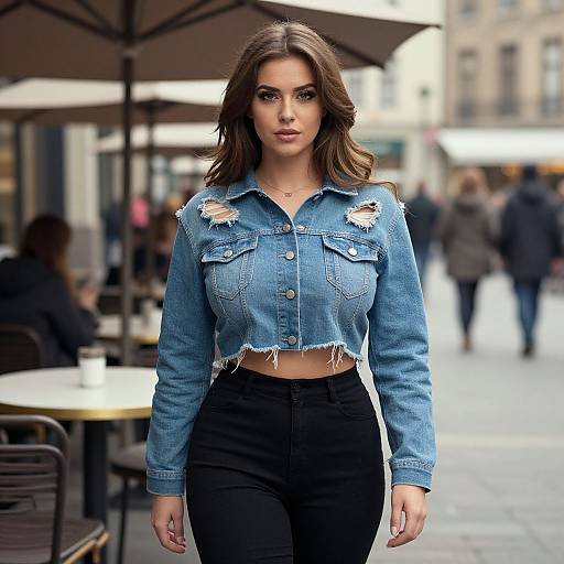 Photograph of a confident brunette woman with wavy hair, wearing a distressed blue denim crop jacket and black high-waisted pants, walking in a