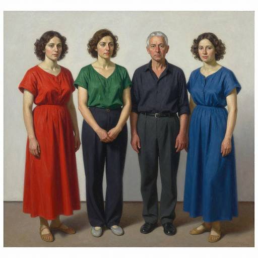 Photograph of four people standing against a plain white wall: three women in red, green, and blue dresses, and an older man in a black