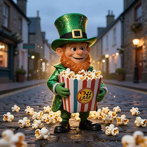 Photorealistic CGI of a smiling leprechaun with a green top hat and coat, holding a striped popcorn bucket, standing on a cobble