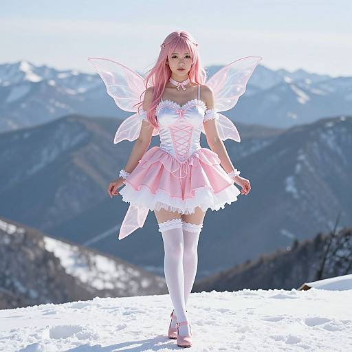 Photograph of a pink-haired woman in a pink fairy costume with white wings, corset, and thigh-high stockings, walking in a snowy mountain landscape