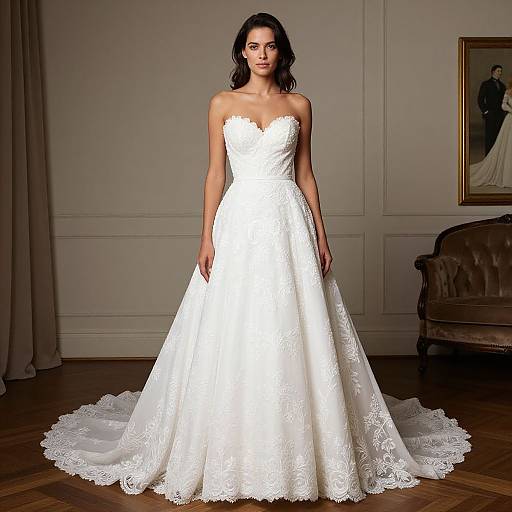 Photograph of a dark-haired woman in a strapless, white lace wedding gown with a sweetheart neckline, standing in an elegant room.