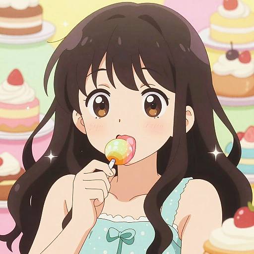 Anime-style digital drawing of a cute girl with long black hair, brown eyes, and a light blue dress, licking a colorful lollipop against a blurred