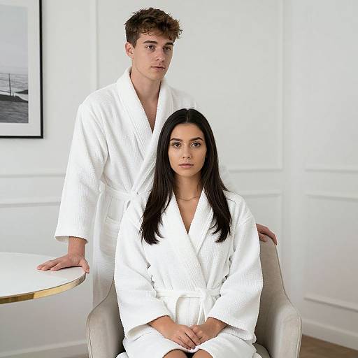 Photograph of a young white couple in white bathrobes; brunette woman seated in chair, light brown-haired man standing behind her, white-walled