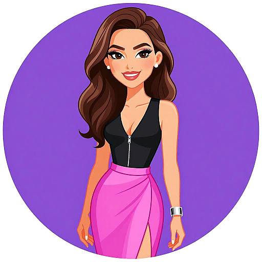 Digital cartoon of a confident woman with long brown hair, black sleeveless top, pink skirt, and silver bracelet, smiling against a purple circle background.
