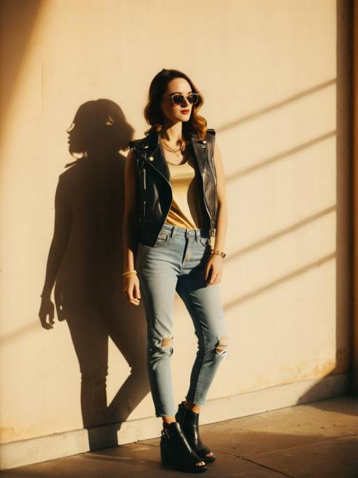 Edgy Woman in Leather Vest and Ripped Jeans