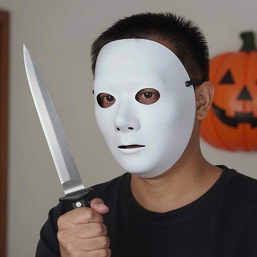 Mysterious Figure with Knife and Pumpkin