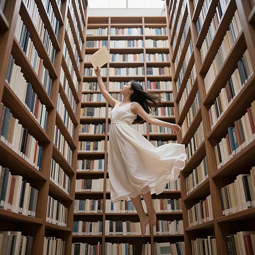 Photograph of a woman in a flowing white dress, jumping between towering bookshelves in a library, holding a book aloft.