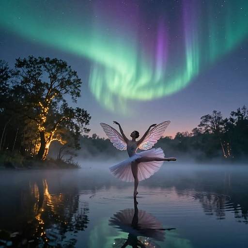 Photograph of a fairy-like ballerina with transparent wings standing on one leg in a misty lake, under vibrant purple and green aurora bore