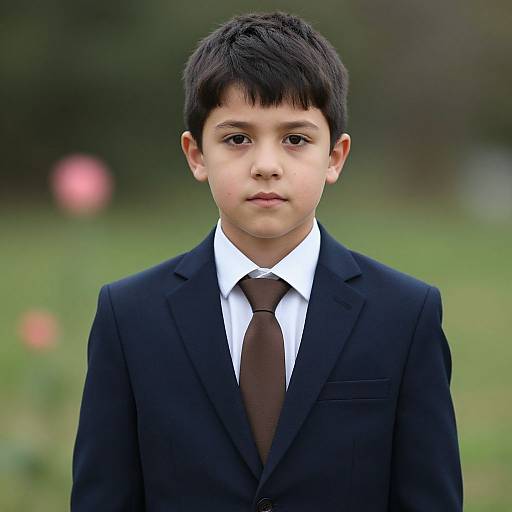 Photograph of a young boy with short black hair, wearing a black suit, white shirt, and brown tie, standing outdoors with a blurred green and