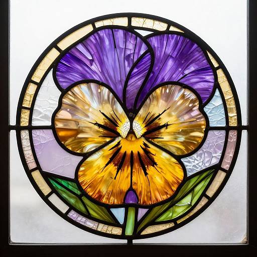 Vibrant stained glass artwork of a purple and yellow pansy flower with green leaves, enclosed in a circular black border.