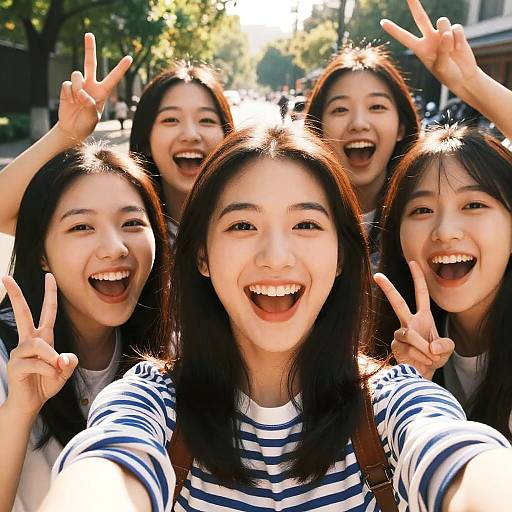 Sunlit Outdoor Selfie Joyful Friends