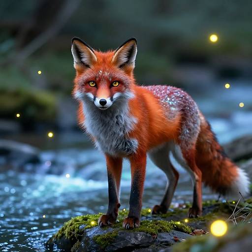 Photograph of a vibrant red fox with piercing yellow eyes, standing on a mossy rock in a glowing, enchanted forest stream.