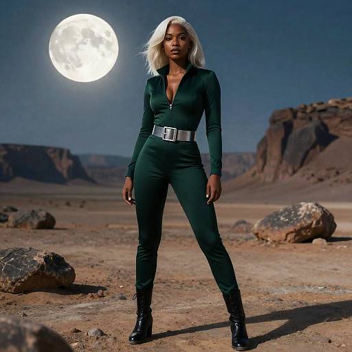 Photograph of a tall, dark-skinned woman with platinum blonde hair, wearing a black, long-sleeve jumpsuit, silver belt, and