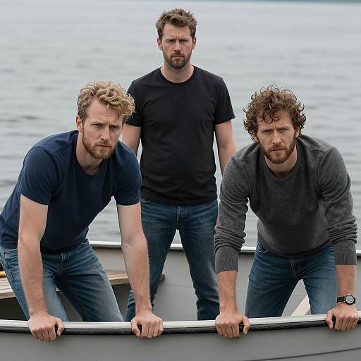 Determined Men Rowing in a Boat