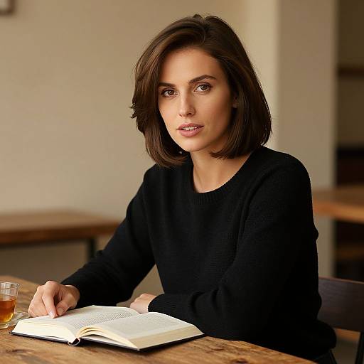 Photograph of a young woman with shoulder-length brown hair, wearing a black sweater, sitting at a wooden table, reading an open book, with a