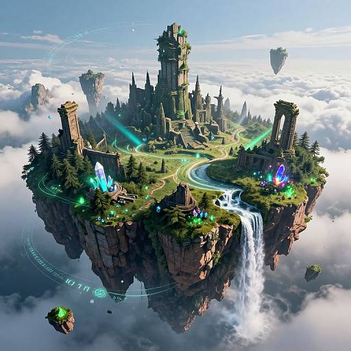 Fantasy CGI image of a floating, castle-topped island with lush greenery, glowing crystals, a winding path, waterfall, and ethereal lights