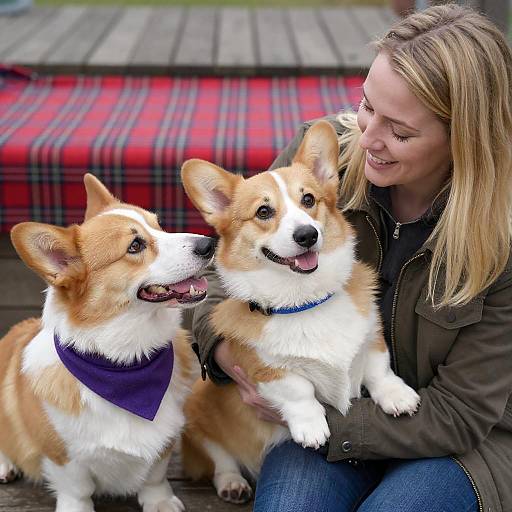Joyful Woman with Corgis on Deck