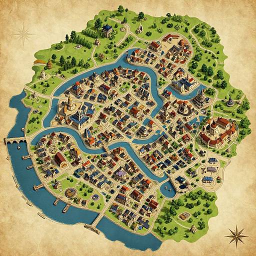 Top-down, colorful, detailed digital illustration of a quaint, winding river town with red-roofed houses, green grass, trees, and docks,