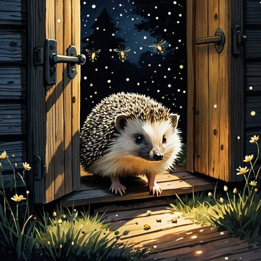 Cute Hedgehog at Wooden House Door with Fireflies